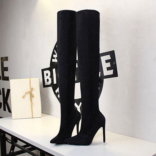 欧美风亮片过膝长筒布长筒尖头性感高跟鞋超高细跟时装靴