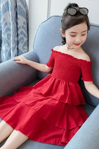 女童夏装2021新款蛋糕裙儿童露肩连衣裙洋气中大童网红公主裙