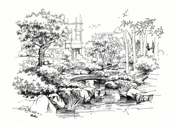 风景园林手绘场景线稿作品分享2