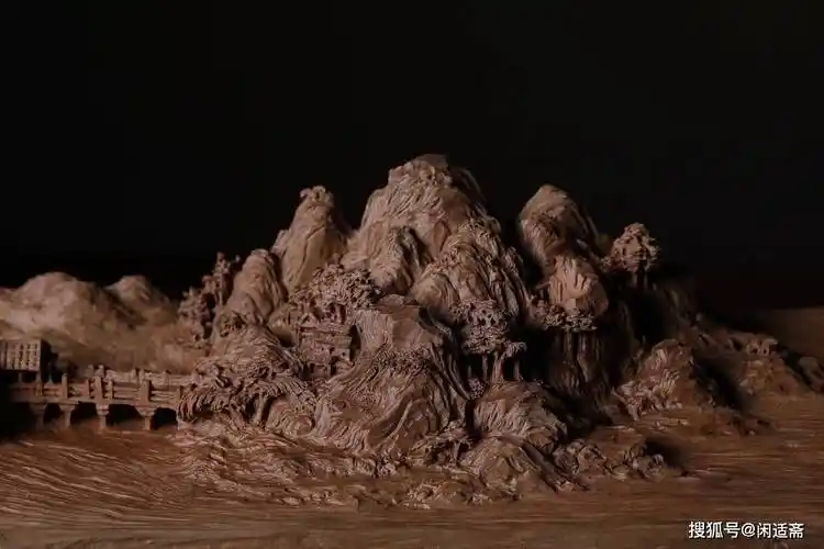 显微镜下的千里江山图,檀香木微雕作品_山水_山石_画面
