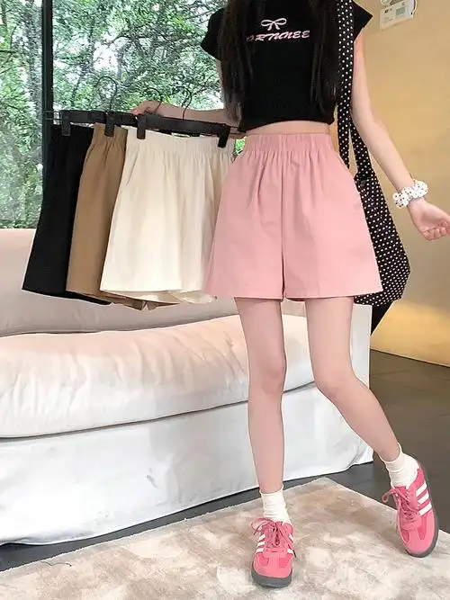 厚薄自然腰:女裤腰高短裤:裤长s m l xl 2xl 3xl 4xl:尺寸粉色【双后