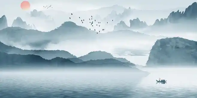 中国风意境水墨山水风景原创插画海报水墨画山水画山水风景水墨插画