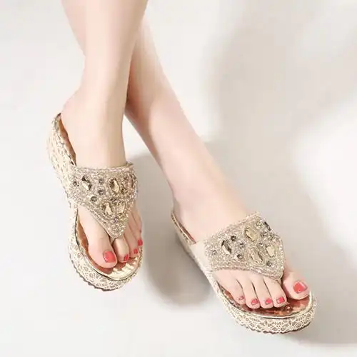 zeudi坡跟凉鞋 女春夏新款夹趾套脚凉拖鞋女鞋子 金色 35