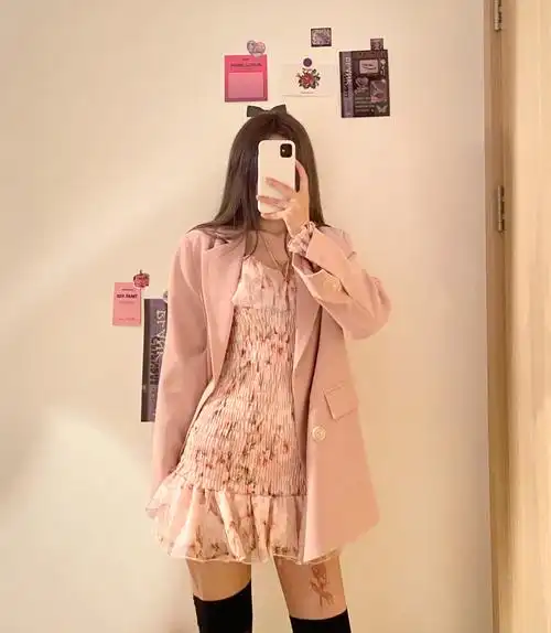 实拍 实价 皱褶雪纺碎花连衣裙 粉色西装外套