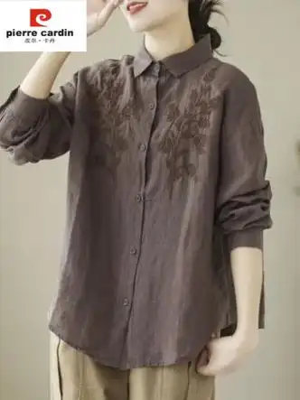 皮尔卡丹pierrecardin品牌撤柜剪标女装2023春夏新款亚麻上衣宽松棉麻