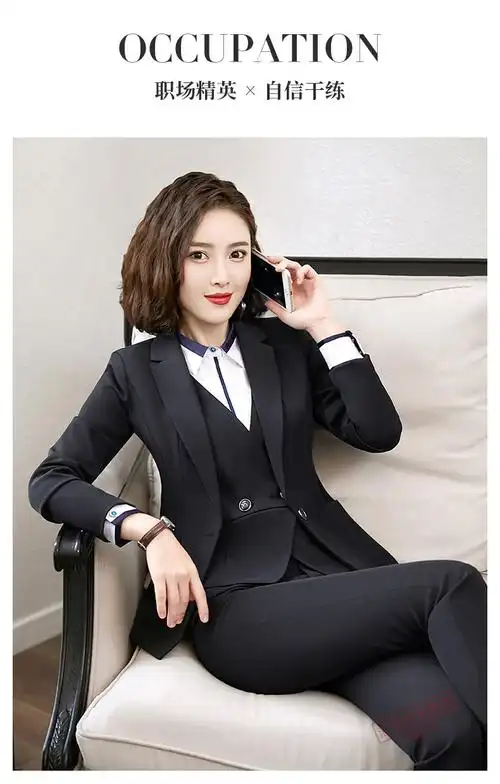 面试西服酒店工作服商务气质工装套 西装 裤 马甲 白衬衫(黑色四件套)