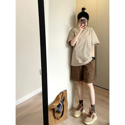 短袖套装女五分裤初中生休闲运动服女夏季短裤ootd小个子盐 单卡其色