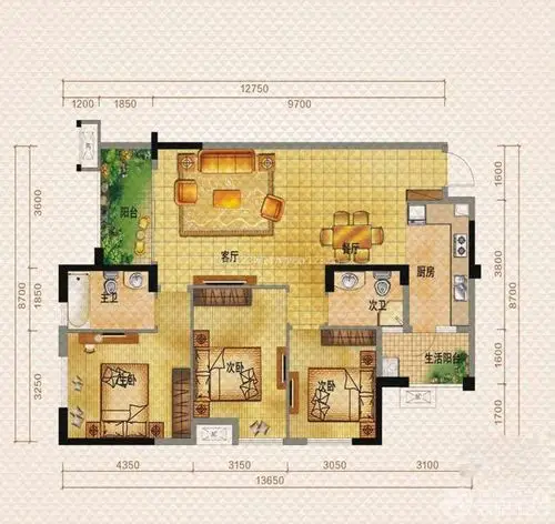 经典130平米三室两厅两卫平面图