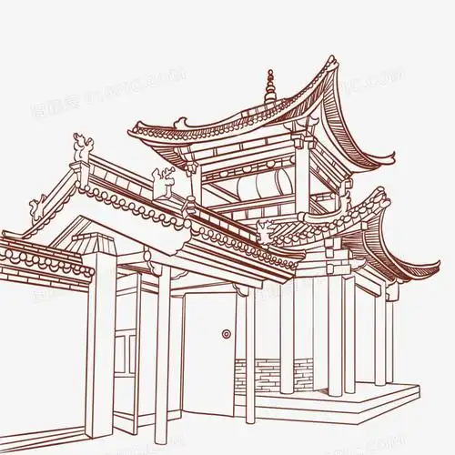 手绘线稿角门楼阁免抠元素