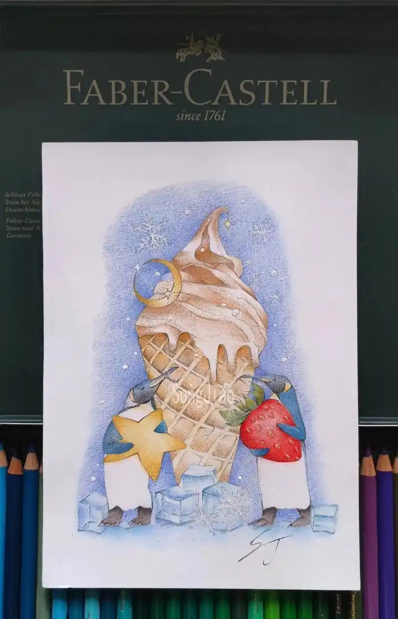 彩铅手绘 | 企鹅冰淇淋.#原创 #手绘  - 抖音