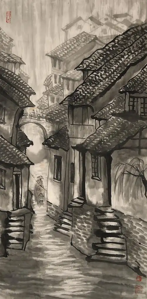 王全大水墨写意"烟雨江南运河雪"