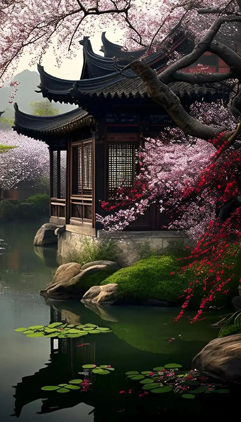 涟漪如梦,苏醒晨曦.#带你走进画里 #唯美意境 #庭院景观 - 抖音