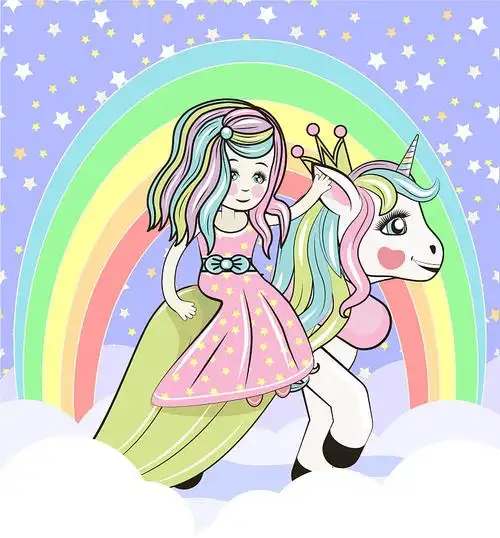 可爱的卡通童话公主和独角兽