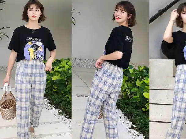 原创九分格子裤黑色t恤今年最时髦的复古风搭配穿上身超显瘦
