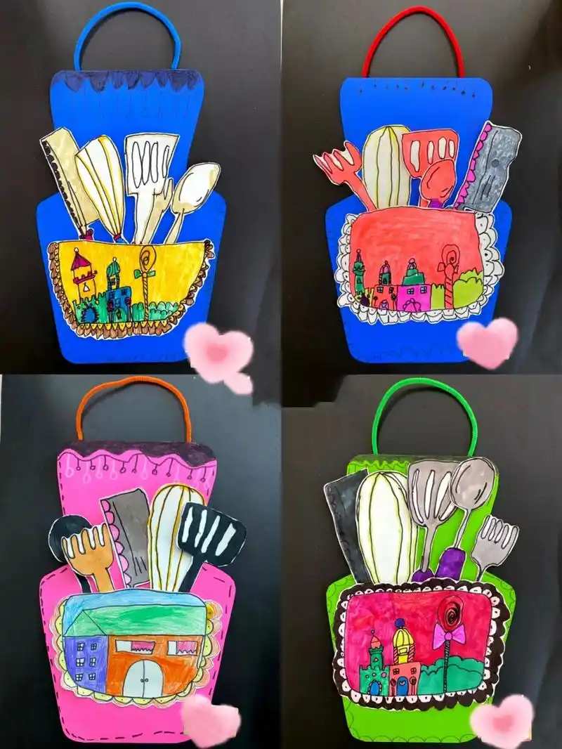 5-8岁创意手工儿童画       绘画步骤: ①在白色纸上画出厨房工具