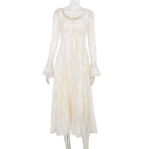 拓猴(tuohou)高个子女生蕾丝连衣裙到脚踝"白秀珠"新中式气质温柔白色