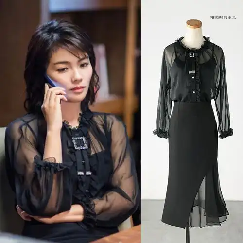 欢乐颂2刘涛安迪明星同款黑色镶钻透视衬衫 不规则拼接女半裙套装