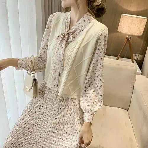 新款女装雪纺连衣裙收腰显瘦学院风中长款百褶碎花长袖2021春秋季