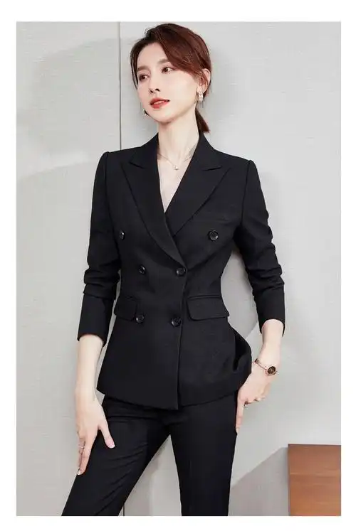 女时尚双排扣西装春秋黑色工作西服高级感气质女神范套装职业装