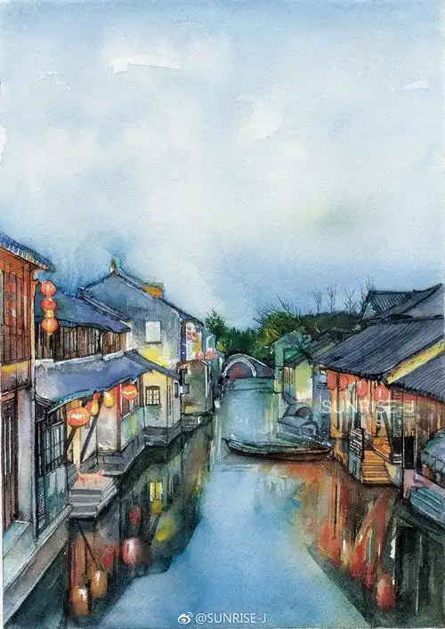 水彩江南水乡