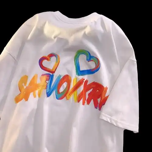 夏季设计感爱心涂鸦字母纯棉短袖t恤女嘻哈小众情侣oversize半袖