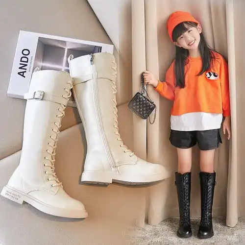 儿童高筒靴小女孩长靴公主靴子中大童皮鞋白色显高棉靴女童马丁靴