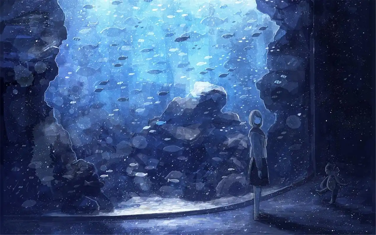 蓝色水族馆女孩唯美意境动漫电脑桌面壁纸_卡通动漫_壁纸下载_美桌网