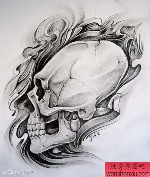 时尚流行的一幅黑白骷髅纹身手稿