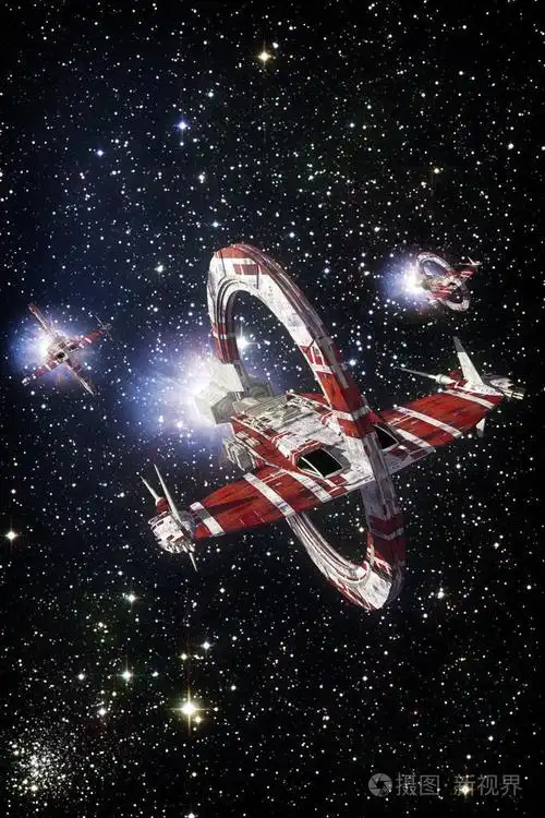 宇宙飞船战斗机和飞越星空背景3d 渲染科幻插图