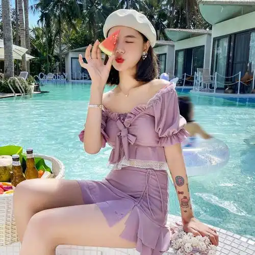 泳衣女夏遮肚短袖仙气海边性感分体ins风平分体泳衣