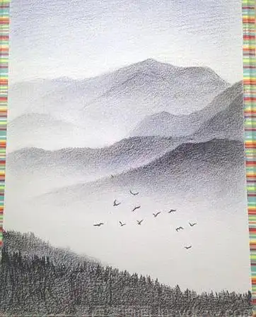 风景画简笔画山水彩铅