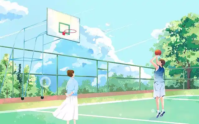 室外篮球场人物唯美场景插画卡通青春校园插画
