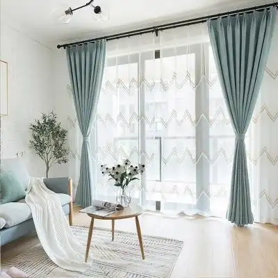 苍蓝绿 现代简约北欧风格 素色仿麻提花暗纹遮光客厅卧室窗帘定制
