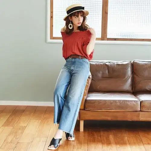 日本luz llena休闲甜美luz llena日系时尚拼色宽版牛仔阔腿裤425803