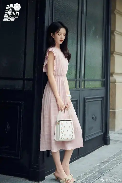 刘些宁粉红格裙