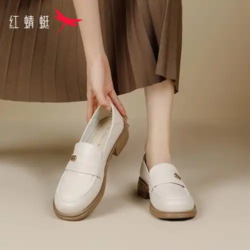 女鞋秋季断码新款红蜻蜓方头乐福鞋套脚单鞋通勤平底休闲皮鞋清仓