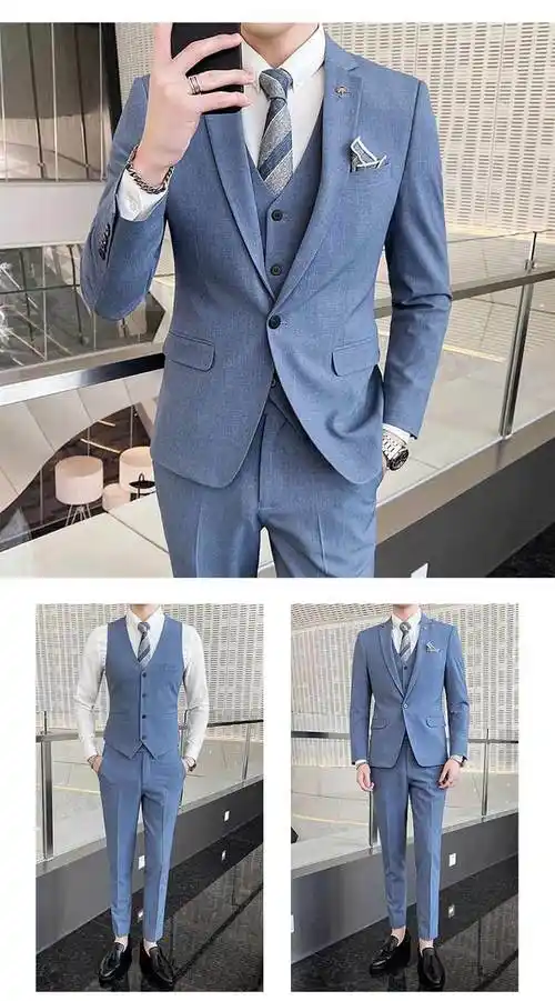 青少年高中生成人礼服西装淡浅蓝色男套装结婚礼服休闲装新郎西服男