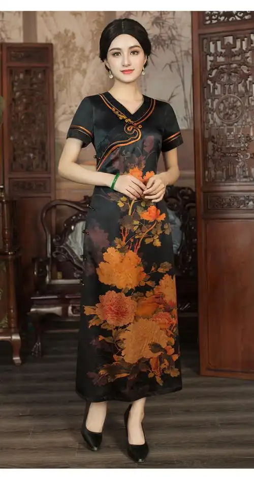 华族经典真丝桑蚕丝高端香云纱定位花妈妈传统旗袍女夏季长款短袖120