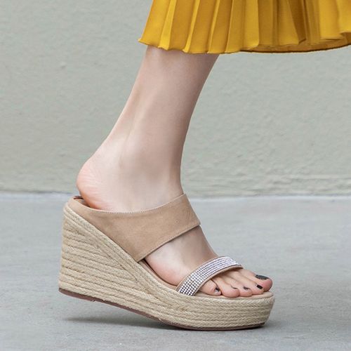 坡跟凉拖女高跟编织拖鞋杏色真皮露趾外穿厚底一字拖