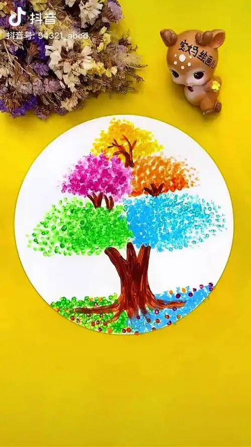 第528集儿童画棉签点点彩虹大树棉签画棉棒画彩虹树丙烯画水粉画儿童