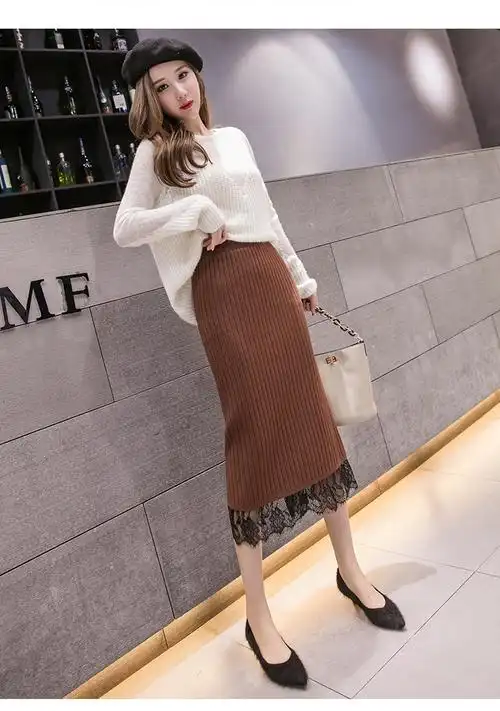 店中长款针织半身裙女2020春夏新款高腰蕾丝包臀裙开叉中裙一步裙女