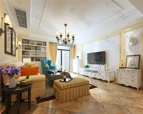 美式乡村经典风格客厅电视背景墙效果图装饰装修素材免费下载(图片