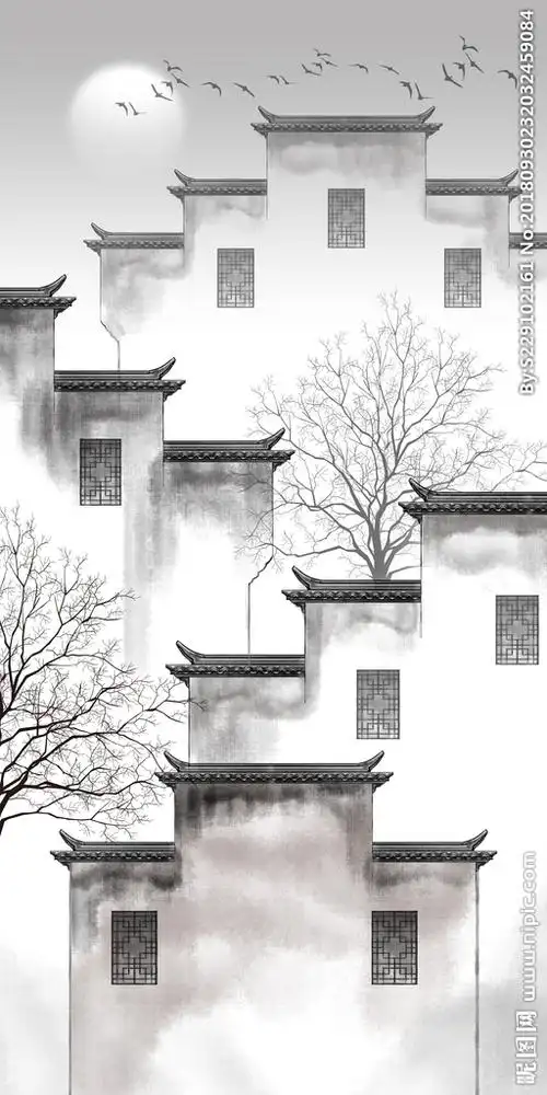 水墨江南徽派建筑水墨玄关屏风背图片