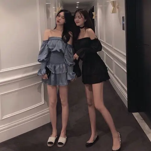 春季姐妹闺蜜装ins风性感一字肩露肩露背荷叶边显瘦抹胸连衣裙