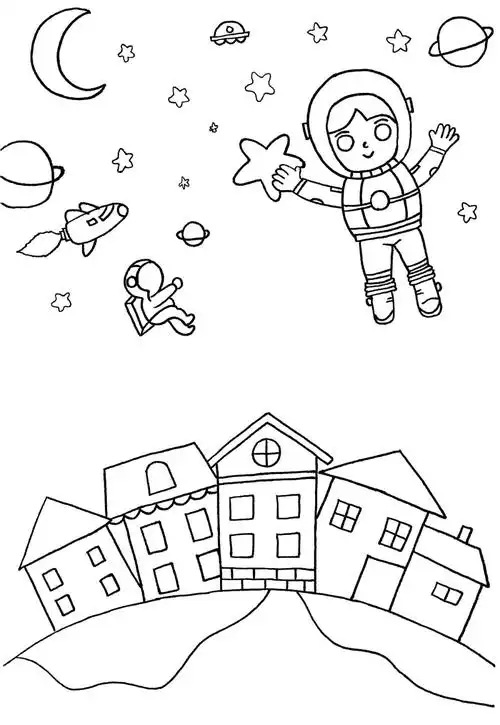 步骤3:在太空中画出星球,航天器,星星.