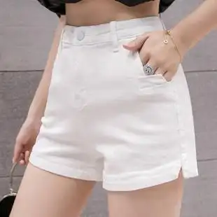 弹力高腰白色牛仔短裤女秋款女装2021年新款休闲直筒热裤开叉显瘦