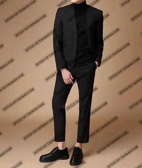 无领修身休闲西装男套装韩国单西服套装男青年英伦风韩版帅气外套