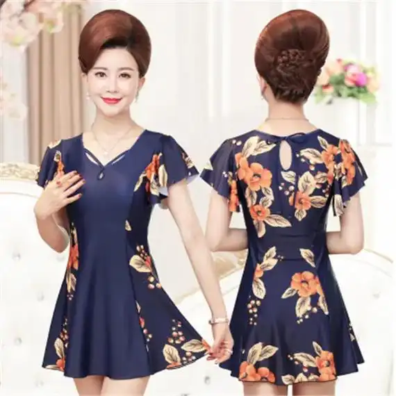 2022新款中老年泳衣女遮肚显瘦大码保守连体裙式温泉妈妈游泳装