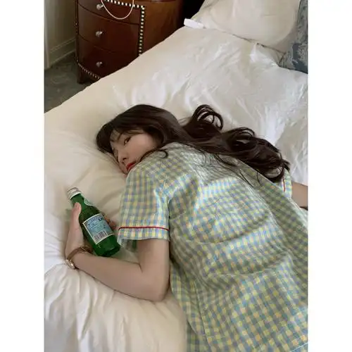 13良品小个子 想疯狂自拍的睡衣套装女 爱心格子家居休闲短袖长裤