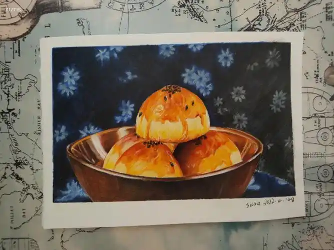 彩铅绘画美食蛋黄酥啊